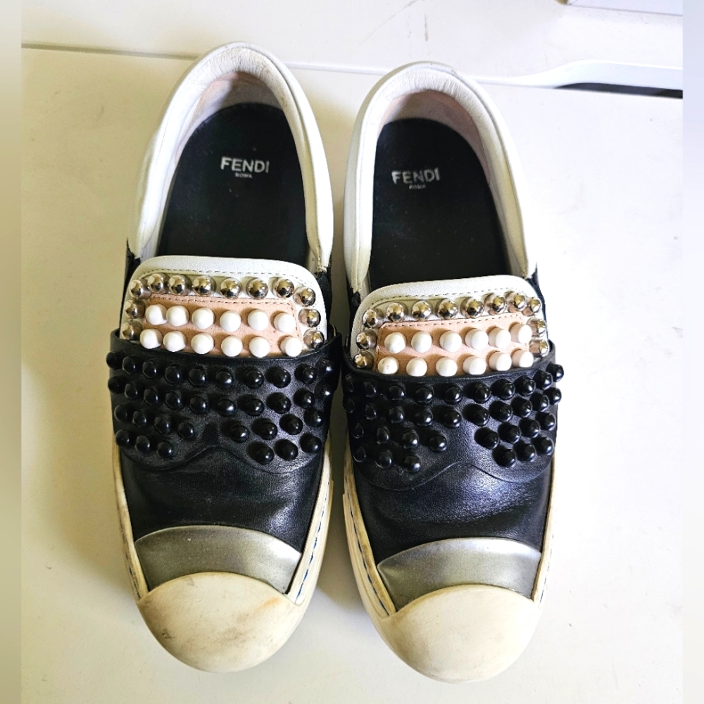 Fendi Black/White Leather Studded Karl Lover Slip On Sneakers. Size 35